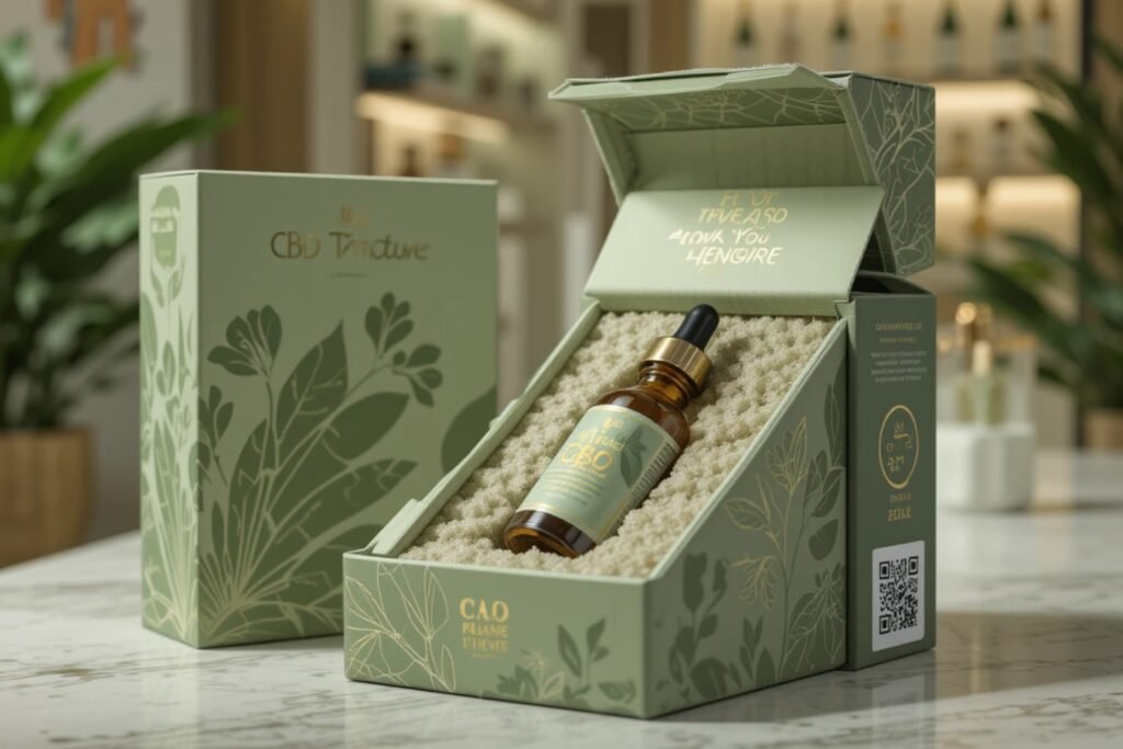Luxury CBD tincture boxes with recyclable box, gold embossing, magnetic closure, and QR code on a sleek display table in a modern retail setting.