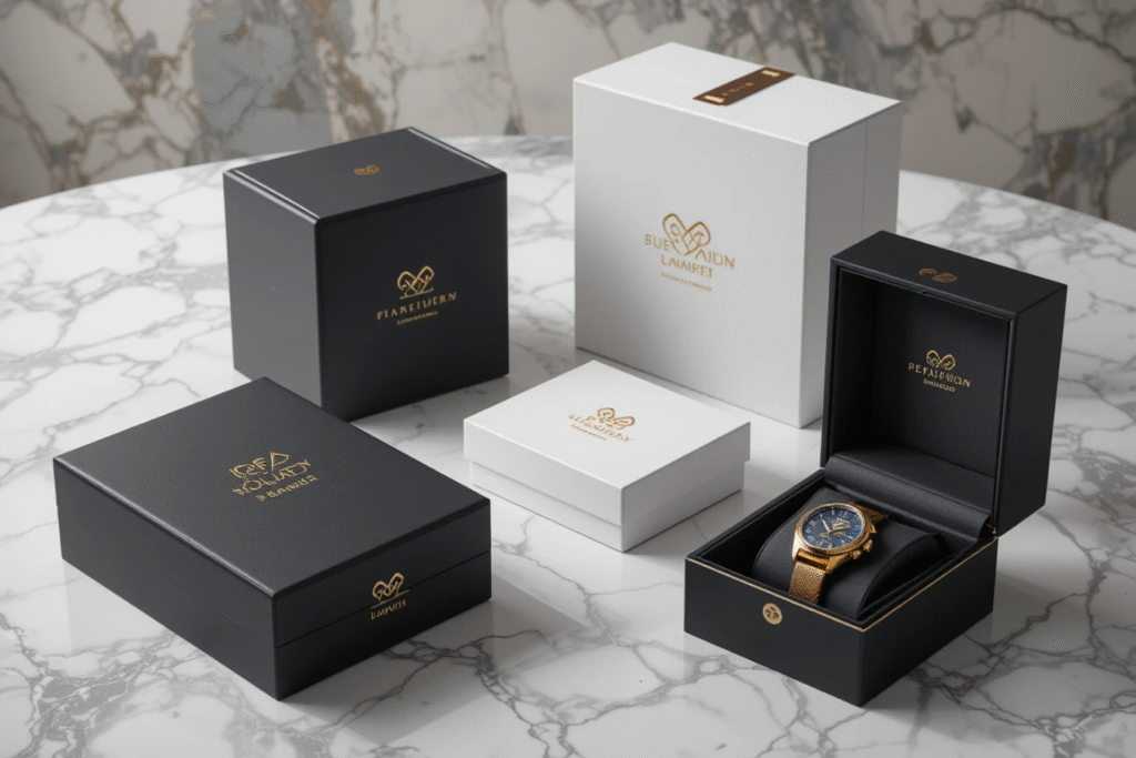 Luxury custom rigid box packaging with gold foil and velvet inserts on a marble surface