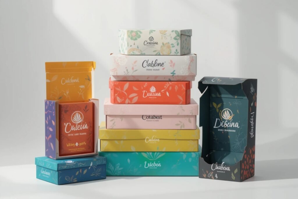 Stack of colorful Roll End Tuck Boxes with custom branding and eco-friendly icons on a white background