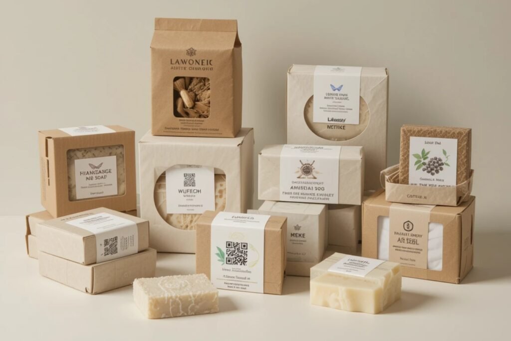 Modern soap box packaging trends 2025 showcasing eco-friendly kraft paper, minimalist design, custom labels, window cut-outs, and QR codes.
