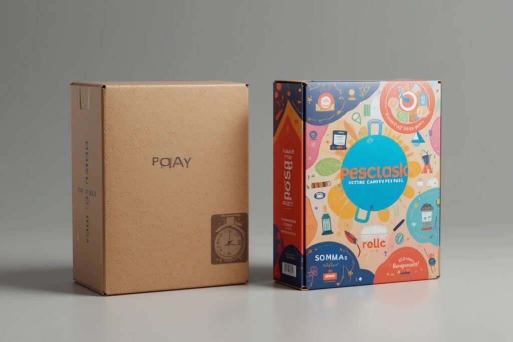 Comparison of custom packaging and standard packaging boxes side by side, highlighting branding and design differences.