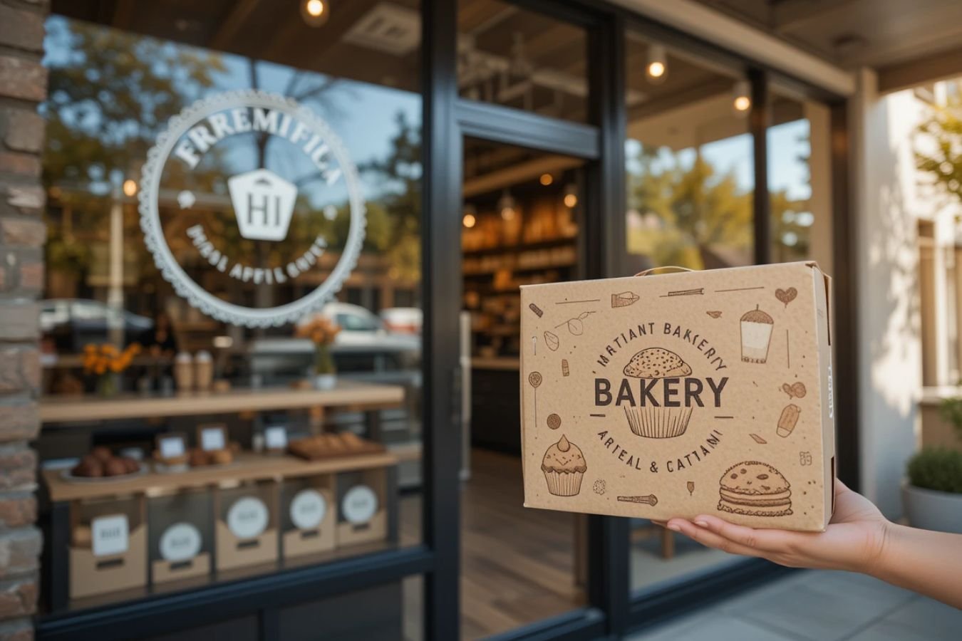 Customer holding custom printed bakery box in Austin bakery
