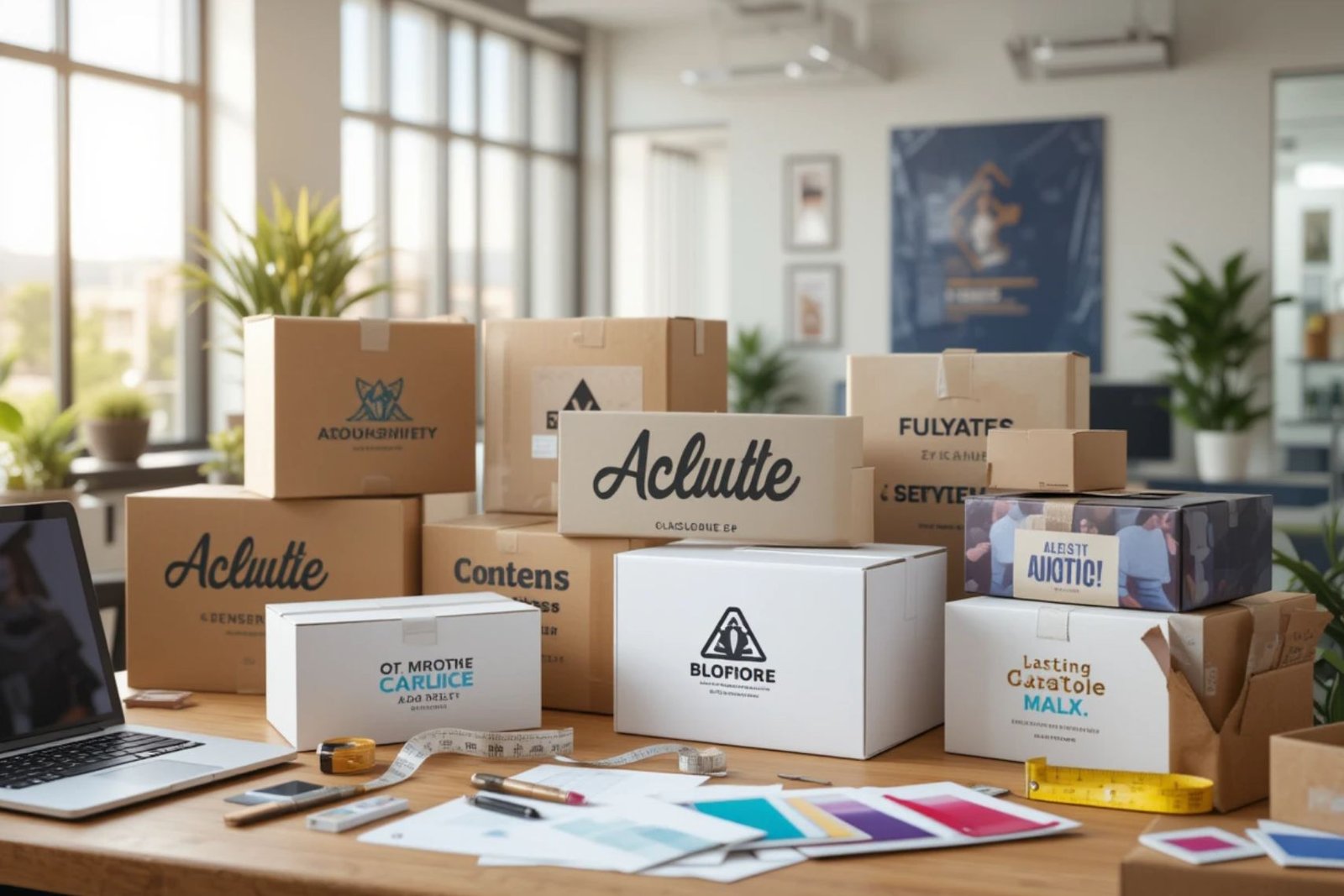 Custom printed packaging boxes on a designer’s desk in Austin, TX with branding tools and office background