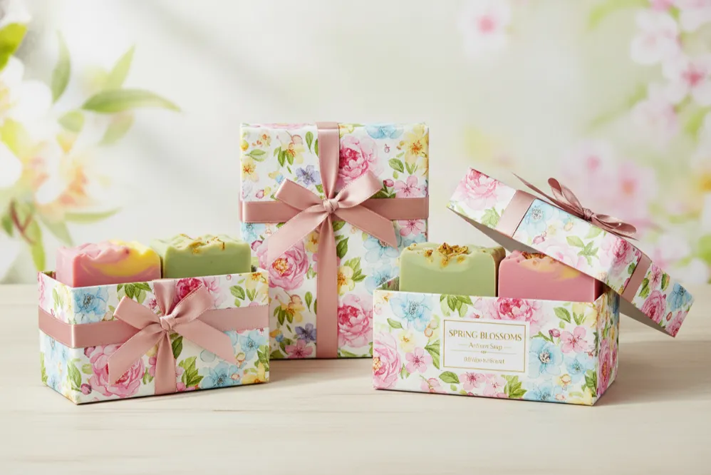 10 Creative Ways to Package Handmade Artisan Soap Boxes in Texas 1 Seasonal soap packaging with floral designs and colorful soap bars in decorative boxes with ribbons.
