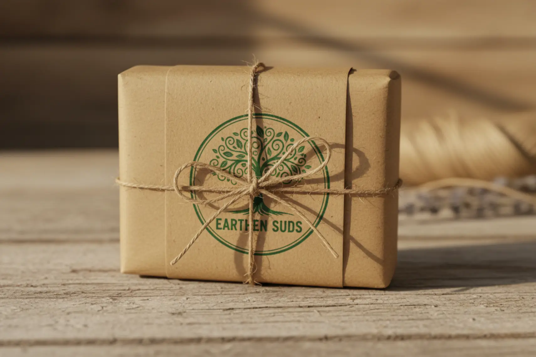 Handmade artisan soap wrapped in eco-friendly kraft paper with twine, featuring a stamped logo, placed on a wooden surface.