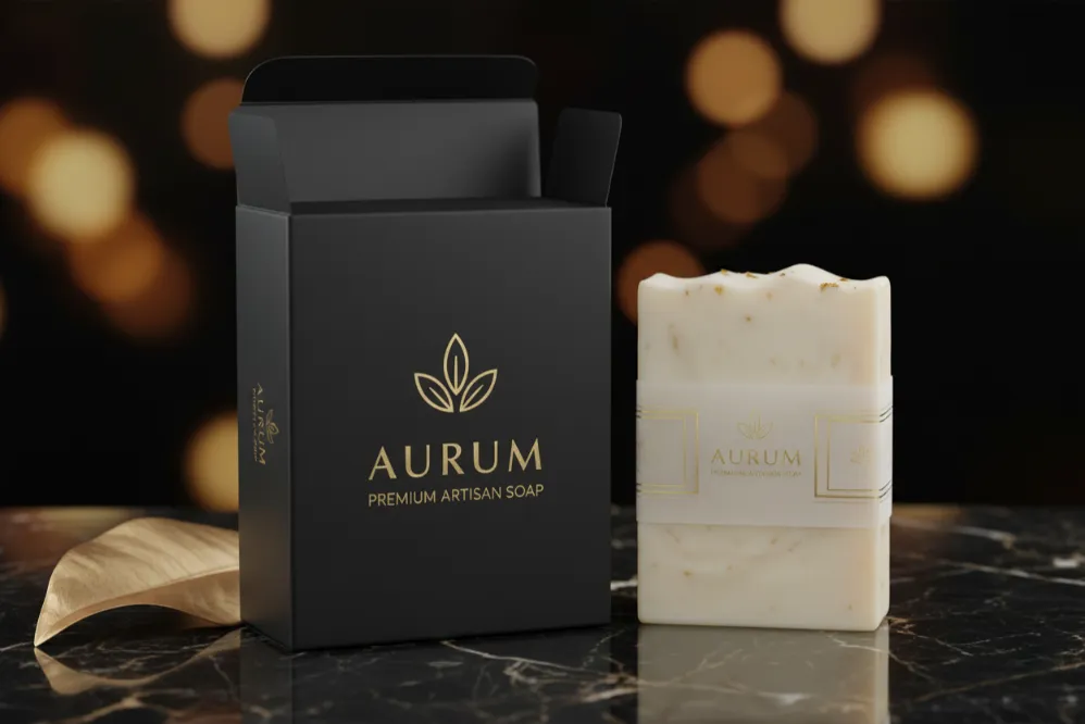 10 Creative Ways to Package Handmade Artisan Soap Boxes in Texas 3 Luxury soap packaging with gold foil stamping on a premium soap box against a high-end background.