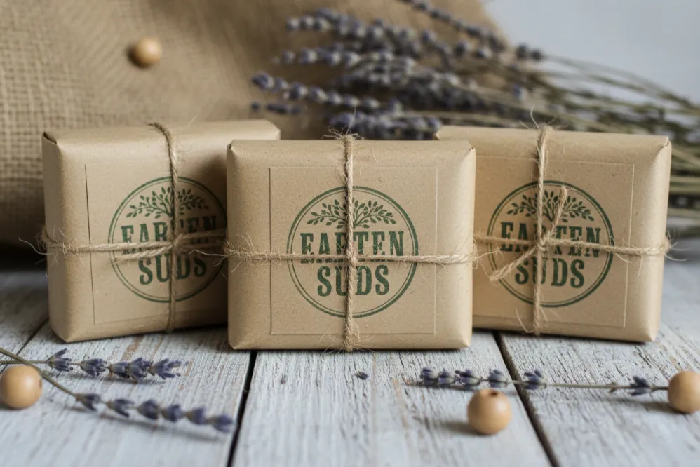 10 Creative Ways to Package Handmade Artisan Soap Boxes in Texas 2 Handmade artisan soap wrapped in kraft paper with twine, featuring a stamped logo on a rustic wooden surface.