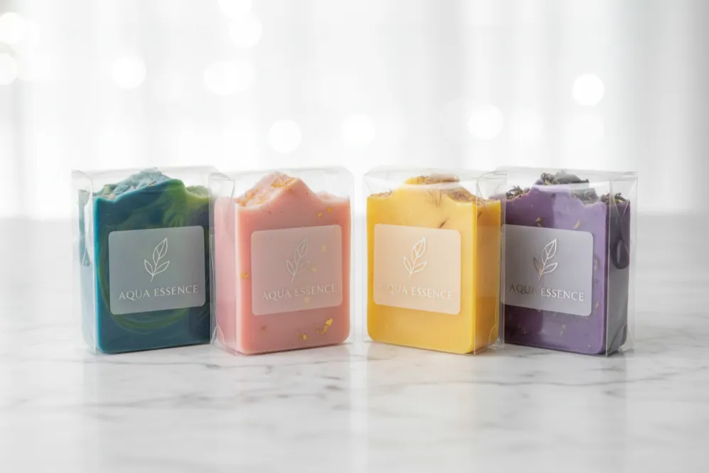 10 Creative Ways to Package Handmade Artisan Soap Boxes in Texas 4 Clear soap packaging with colorful handmade soap bars and a visible brand logo in a minimalistic design.